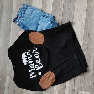 Mama Bear Long Sleeve Crew Neck T Shirt Top Sweater with Elbow Patches